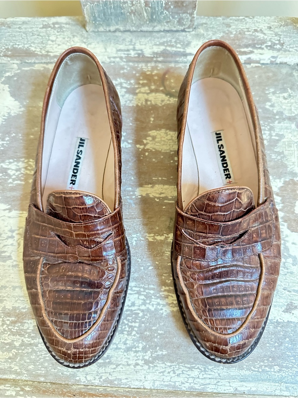 Jil Sander Women’s Brown Croc-Embossed Leather Penny Loafers